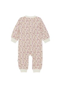 Blumenmuster Strampelanzug für Säuglinge aus weichem Baumwollstoff mit langen Ärmeln, cremefarbenen Bündchen und einem hellrosa Hintergrund, der mit grünen und lila Blumen verziert ist.