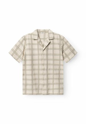 Kurzärmeliges, beigefarbenes Hemd zum Knöpfen mit kariertem Muster, das horizontale Linien und einen Reverskragen aufweist. Aus leichtem Material gefertigt.