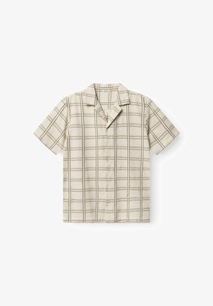 Kurzärmeliges, beigefarbenes Hemd zum Knöpfen mit kariertem Muster, das horizontale Linien und einen Reverskragen aufweist. Aus leichtem Material gefertigt.