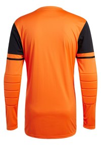 Langärmliges Sporttrikot in leuchtendem Orange mit schwarzen Akzenten, strukturierten Schulterpolstern und verstärkten Ellenbogenbereichen. Glattes, dehnbares Material.