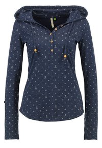 Marineblauwe longsleeve hoodie met kleine witte geometrische patronen en tentpatronen, houten knoopsluiting en trekkoorden met houten kralen.