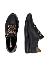 Black leather sneakers featuring gold hardware, contrasting brown accents, textured detailing, and a streamlined design with laces and a side zipper.