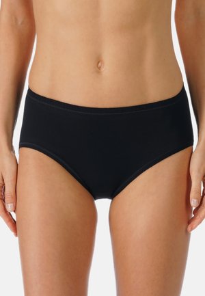 Black cotton briefs with a mid-rise design, featuring elasticated waistband and smooth texture. No visible patterns or hardware details.