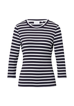 Marine- und weiße gestreifte Langarmbluse mit Rundhalsausschnitt, gerippter Textur und slim fit. Das Etikett trägt die Aufschrift "COMMA."