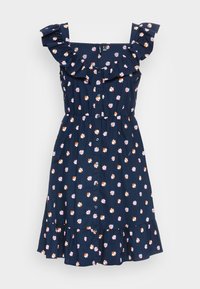 Marinblå blommig klänning med volangkänsla på axelbanden, som har en figursydd midja och knappframsidan. Utsmyckad med små, färgglada blommönster över hela.