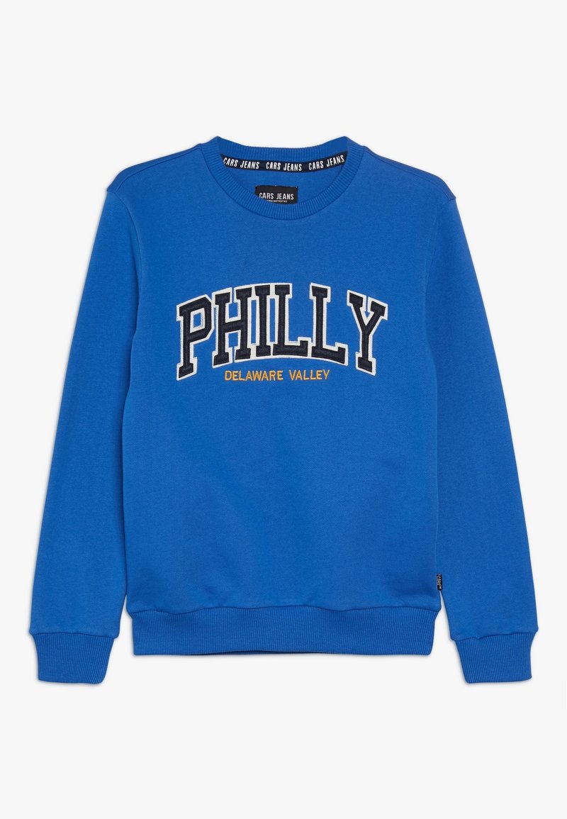 Niebieska bluza z napisem "PHILLY" w wyraźnym czarnym kolorze oraz "DELAWARE VALLEY" w żółtym, z ściągaczami na mankietach i klasycznym okrągłym dekoltem.