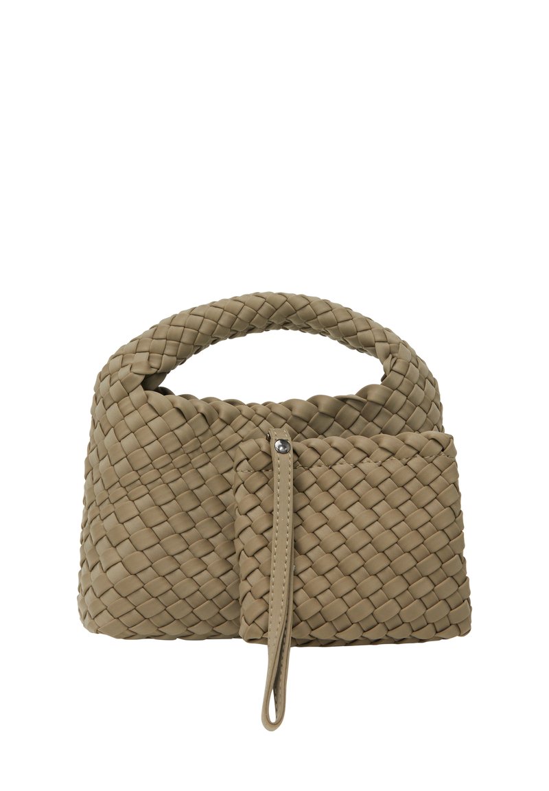 Borsa intrecciata taupe con manico arrotondato, superficie texturizzata e una piccola tasca esterna con zip e dettagli a tracolla.