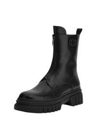 Stivaletto in pelle nera con zip laterale, tacco largo, suola testurizzata e logo rotondo sul lato esterno. Finitura liscia complessiva.