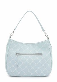 Sac à main bleu en matériau synthétique texturé, avec une poche zippée en métal argenté, une forme incurvée et des motifs subtils sur l'ensemble.