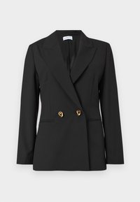 Μαύρο σακάκι με ραμμένη εφαρμογή, μακριά μανίκια, εξώραφα πέτα, δύο χρυσά διακοσμητικά κουμπιά και εμπρόσθιες τσέπες με χείλος.