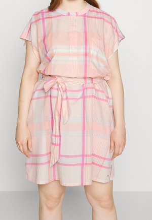 Short-sleeved, light pink checkered dress with a belted waist, featuring shades of pink and blue, and a button placket at the front.