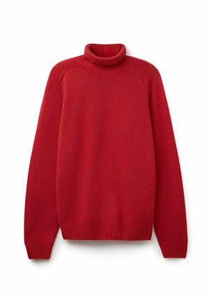 Roter Rollkragenpullover aus weichem Strickstoff. Mit geripptem Kragen, Bündchen und Saum. Klassische, lässige Passform mit Raglanärmeln.