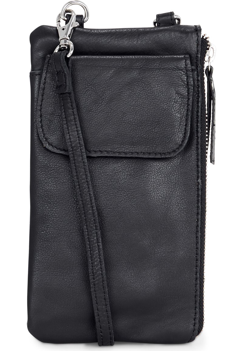 Borsa a tracolla nera in pelle con superficie testurizzata, chiusura a zip, tasca frontale con patta e tracolla regolabile. Presenta dettagli in metallo argentato.