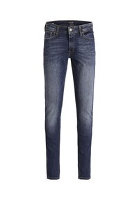 Jeans slim fit blu scuro con lieve scoloritura su cosce e ginocchia, con tasche anteriori, passanti per cintura e chiusura con bottone.