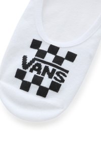 Calcetín blanco con patrón de tablero de ajedrez negro y logotipo de "VANS" bordado en negro, con un diseño bajo y textura de tejido suave.