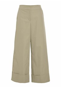 Lys beige vide bukser med en glat tekstur, høj talje og oprullede manchetter. Har rene linjer og minimalistisk design.