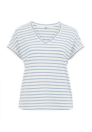 Hvid kortærmet V-hals t-shirt med blå vandrette striber. Blødt stof, afslappet pasform og syninger langs halsudskæringen og ærmerne.
