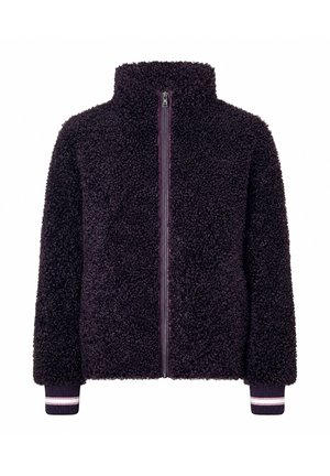 Dunkellila strukturierte Fleecejacke mit durchgehendem Frontreißverschluss und gerippten Bündchen mit weißen und hellvioletten Streifen.