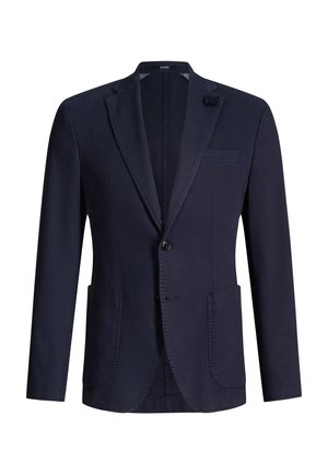 Blazer da uomo blu navy con rever a lancia, chiusura monopetto con un bottone, due tasche a toppa frontali, taschino sul petto e fiore decorativo sul rever.