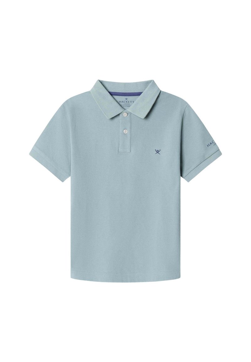 Polokošeľa z ľahkej modrej tkaniny, s golierom, dvoma gombíkmi a malým vyšívaným logom na ľavej hrudi a rukáve.