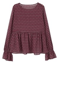 Blusa color borgogna con maniche lunghe, polsini a rouches arricciati, orlo a peplo e un piccolo motivo bianco ripetuto su tutta la superficie. Collo rotondo.