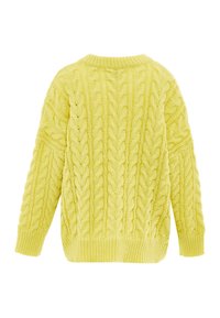 Maglione giallo lavorato a maglia con motivo a trecce, polsini e orlo a costine, e una vestibilità rilassata con scollatura rotonda.