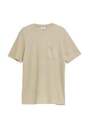 T-shirt beige à manches courtes texturé avec col rond et petite poche poitrine, présenté sur fond blanc.