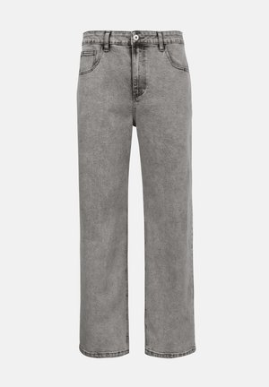 Gray straight-leg denim jeans with front pockets, belt loops, and button closure, shown against a white background.
