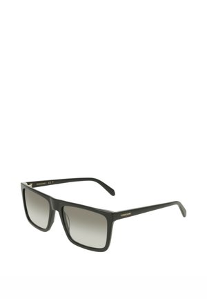 Lunettes de soleil rectangulaires noires avec des verres dégradés gris et des branches fines, avec un petit logo Ferragamo sur le côté.