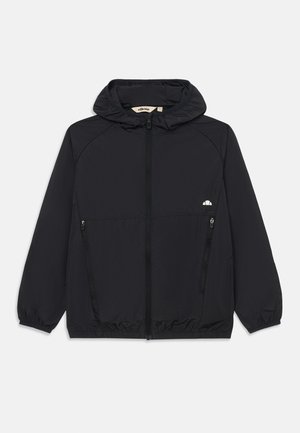 Black hooded windbreaker jacket with a front zipper, elastic cuffs, two zip pockets, and a subtle logo detail on the chest. Lightweight material.