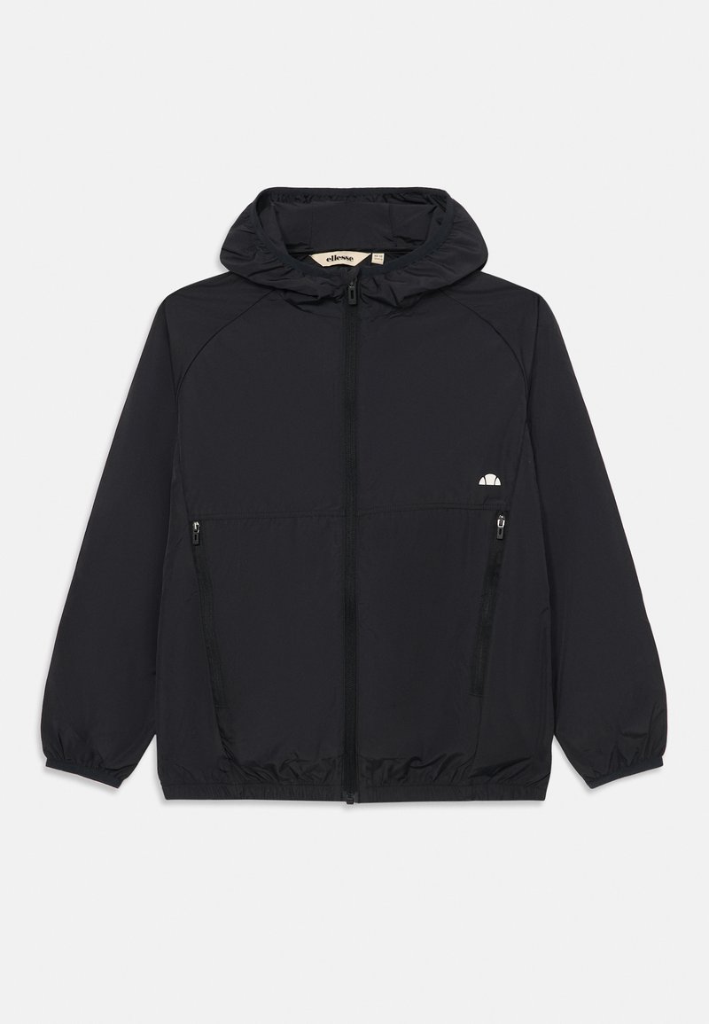 Fekete kapucnis széldzseki elülső cipzárral, rugalmas mandzsettákkal, két cipzáras zsebbel és diszkrét logóval a mellkason. Könnyű anyag.