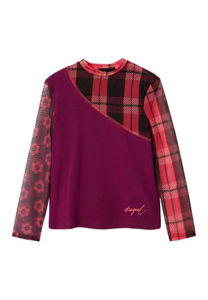 Langsleeve shirt met een paarse basis, een asymmetrisch plaidpatroon in rood en zwart, en doorzichtige mouwen met bloemenprint. Zichtbaar logoaccent.