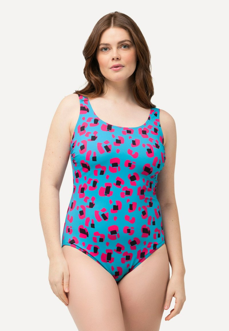 Maillot de bain une pièce en bleu clair avec des motifs abstraits rose et noir. Équipé d'un décolleté en forme de bateau et de larges bretelles. Texture lisse.