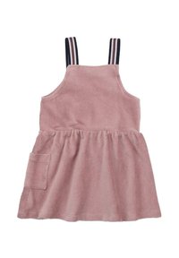 Rosa Cordkleid mit ausgestellt Rock, mit gestreiften Akzenten über den Schulterträgern und einer Seitentasche. Weiche Textur, lässiges Design.
