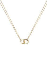 Collier en or avec deux pendentifs circulaires entrelacés sur une double chaîne. Texture lisse avec finition polie.