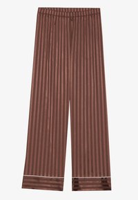 Pantalons à large jambe rayés bruns avec une taille élastique et une finition satinée. L'ourlet inférieur présente une fine rayure blanche en accent.