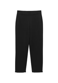 Černé kalhoty vyrobené z hladké látky, s elastickým pasem, dvěma bočními kapsami a zkráceným střihem se rovnými nohavicemi.