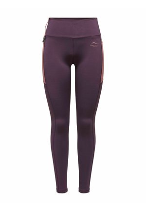 Vijolične leggins hlače z visokim pasom, ki imajo svetlo roza stranske akcentne dele in majhen logo. Narejene so iz raztegljivega, gladkega materiala.