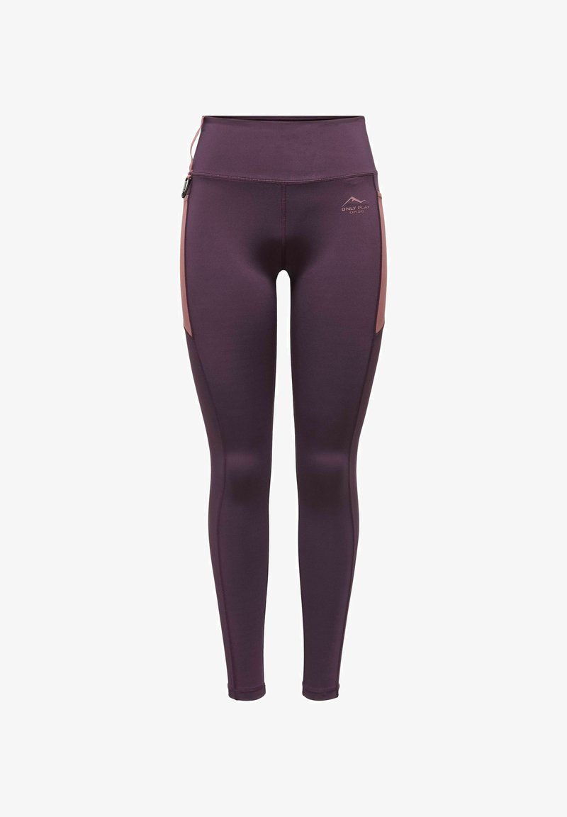 Leggings violets avec une taille haute, présentant des accents latéraux rose clair et un petit logo. Fabriqués en tissu extensible et lisse.