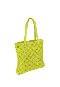 Limonkowa torba na ramię z fakturowanego plastiku z wzorem w romby oraz solidnymi, dopasowanymi uchwytami ułatwiającymi noszenie.