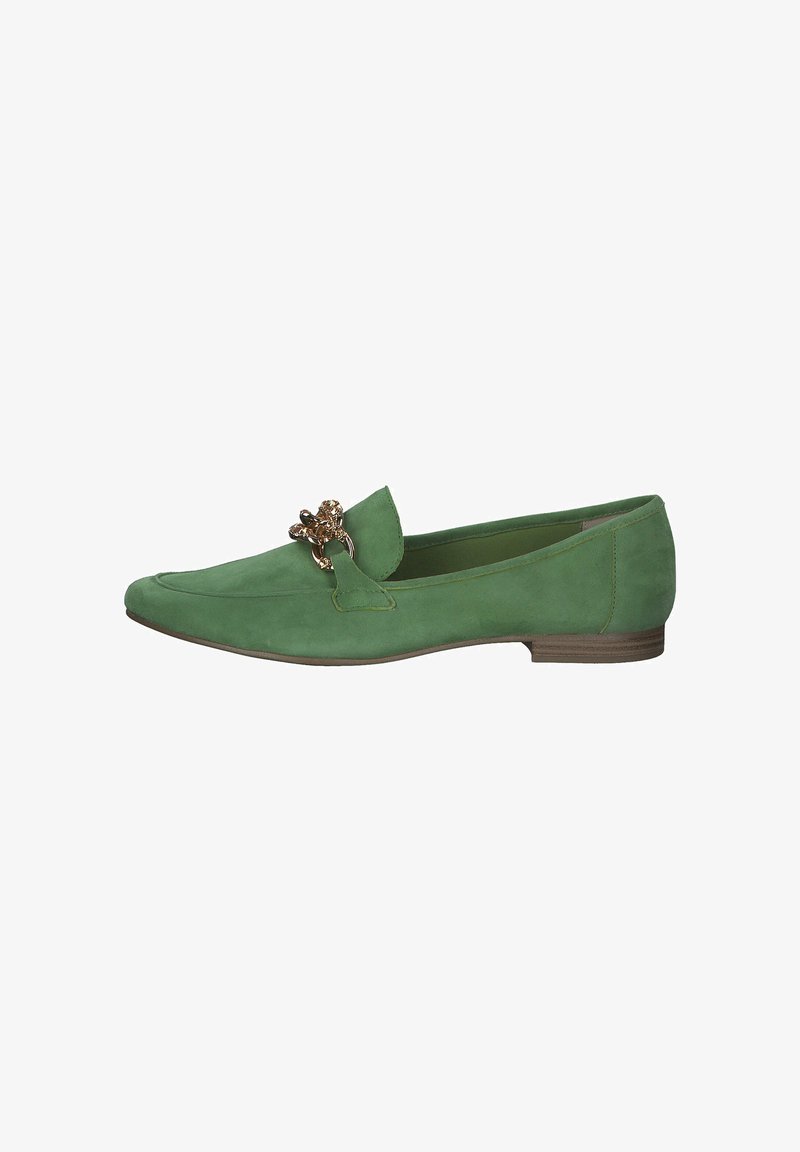 Zeleni gamo loafer sa dekorativnim zlatnim detaljem na gornjem dijelu, s izvučenim vrhom i niskom petom. Glatka tekstura.