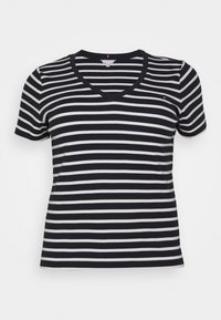 Stripet t-shirt i navy og hvid, korte ærmer, V-halsdesign, lavet af blødt bomuldsstof, med vandrette striber og minimal logo detalje.