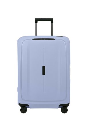 Hard-shell suitcase in light blue. Features a retractable handle, two wheels, and a black accent on the top for easy handling.