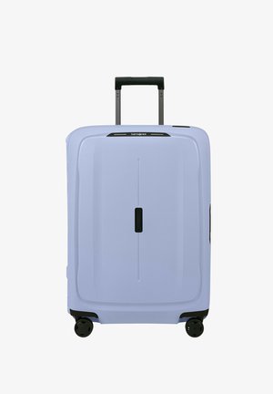 Hard-shell suitcase in light blue. Features a retractable handle, two wheels, and a black accent on the top for easy handling.