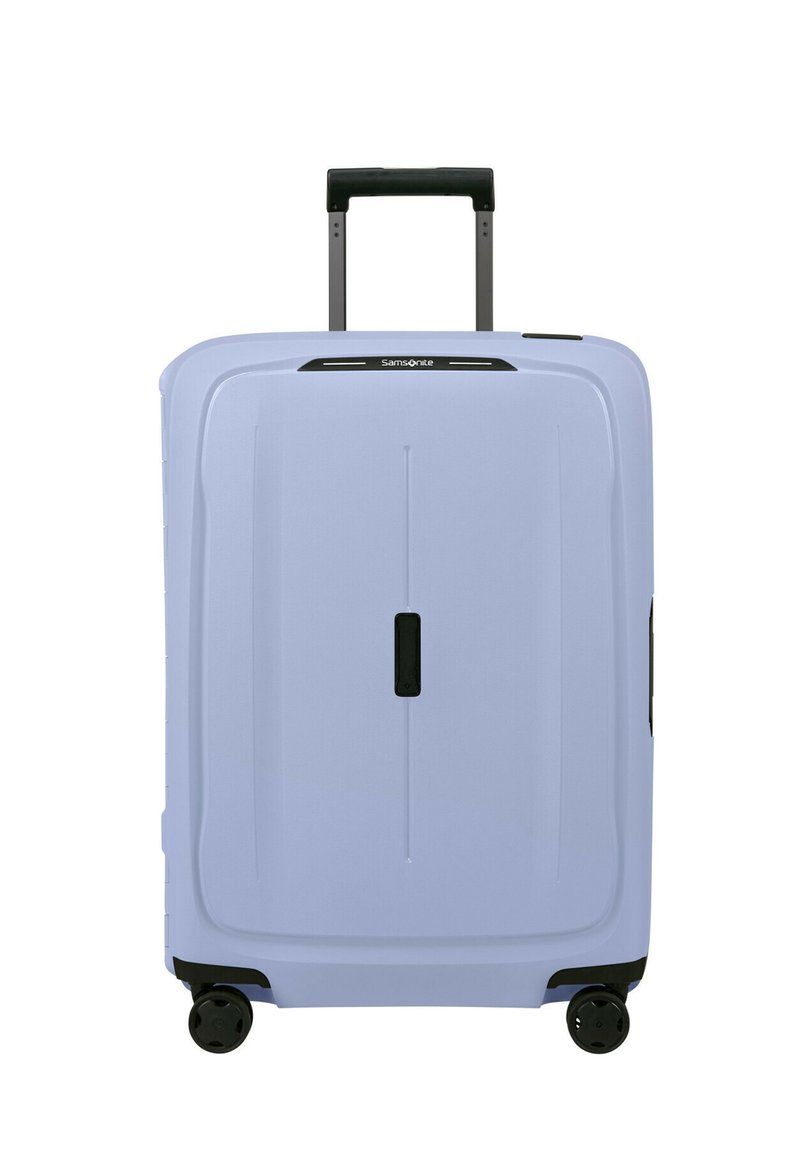 Hard-shell suitcase in light blue. Features a retractable handle, two wheels, and a black accent on the top for easy handling.