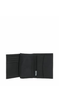 Black wallet made of fabric, featuring a bifold design. Includes multiple card slots and a mesh pocket for identification or cards.