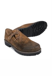 Braunes Leder-Schuh mit strukturiertem Finish, runder Zehenform und Schnürdesign. Schwarze Gummisohle mit einem strukturierten Profil für besseren Halt.