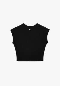 Czarny krótki t-shirt wykonany z bawełny, z krótkimi rękawami w kształcie rękawa, z okrągłym dekoltem i okrągłym logo na plecach.