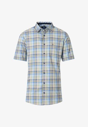 Kortærmet skjorte i et ternet mønster med blå, grønne og brune firkanter, med knapkrave og en lomme på venstre bryst.