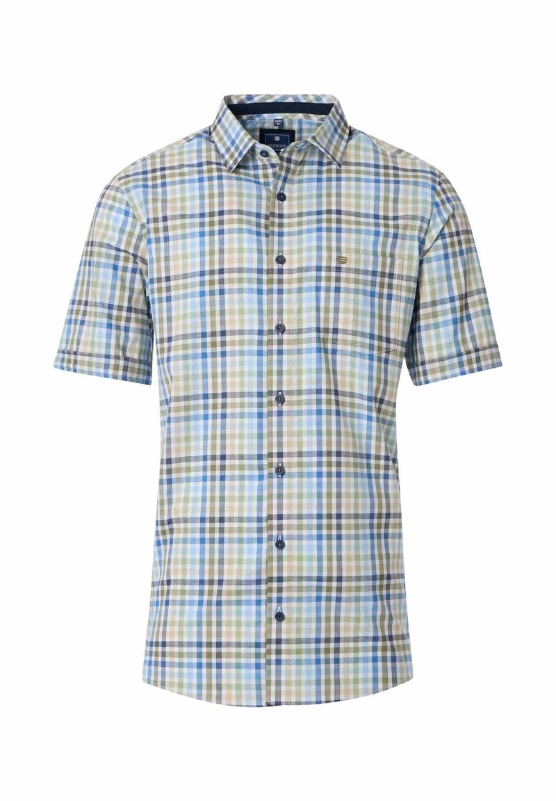Korte mouw shirt in een geruit patroon met blauwe, groene en bruine vierkanten, met een button-down kraag en een zak op de linkerborst.